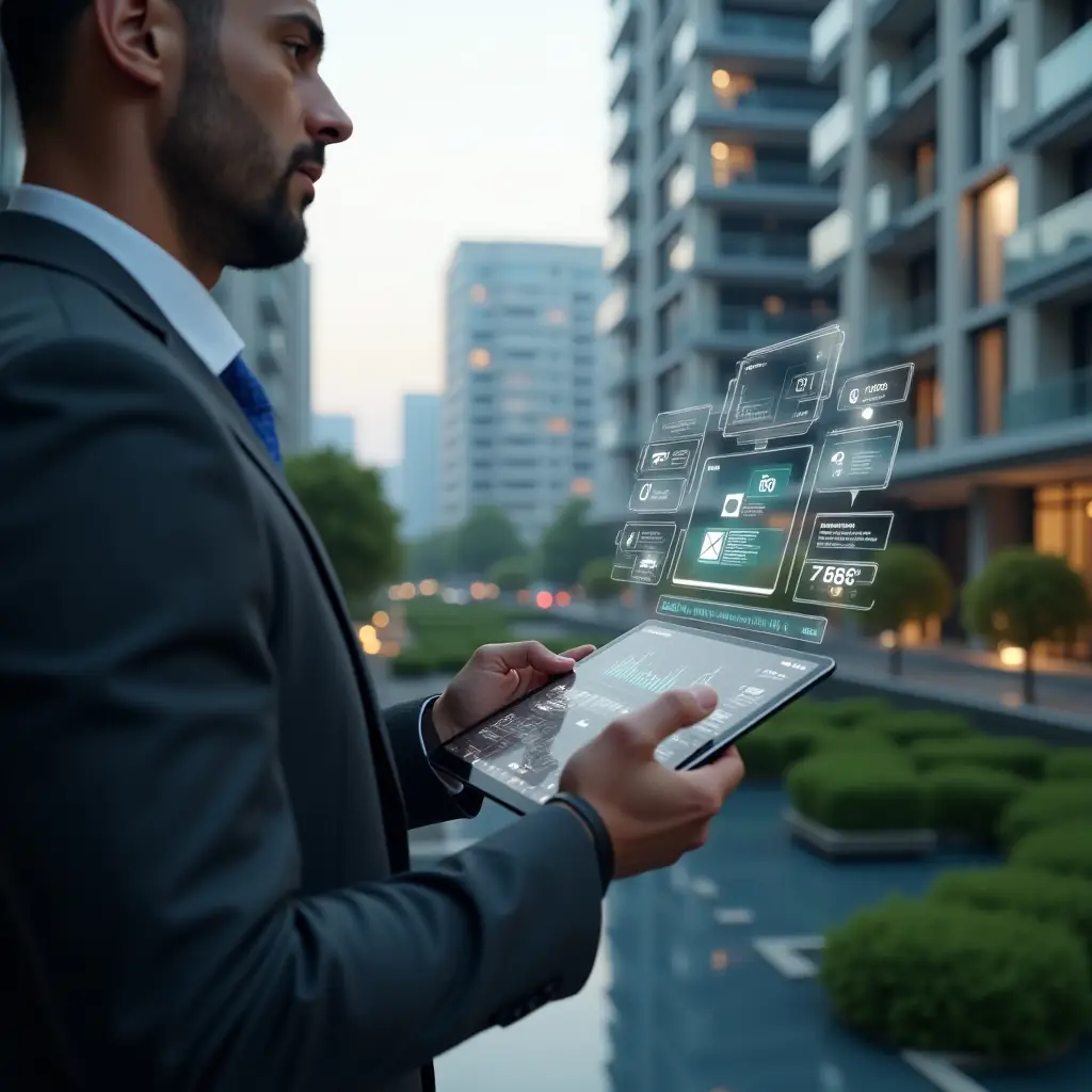 (Ultra-realistic condominium manager in a dark gray tailored suit, set in a modern luxury condominium environment with high-rise buildings and green landscaping, reviewing a digital tablet displaying a holographic building automation dashboard, with floating icons of security cameras, energy usage graphs and maintenance alerts, cinematic lighting, shallow depth of field, highly detailed textures, realistic skin, photographic realism, 8k resolution --ar 1:1 --v 6)