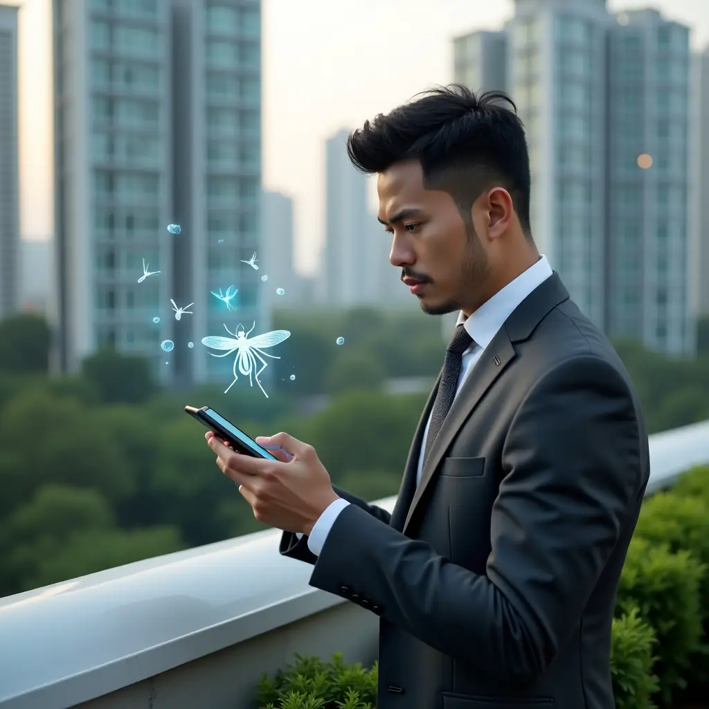 (Ultra-realistic condominium manager in a dark gray tailored suit, set in a modern luxury condominium environment with high-rise buildings and lush green landscaping, examining a rooftop water tank while holding a smartphone displaying a mosquito prevention app hologram, floating mosquito icon and water-drop symbols around, confident and focused expression, cinematic lighting, shallow depth of field, highly detailed textures, realistic skin, photographic realism, 8k resolution --ar 1:1 --v 6)