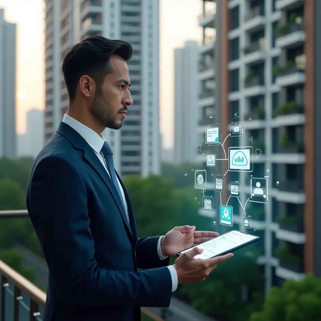 (Ultra-realistic condominium manager in a tailored navy suit, set in a modern luxury condominium environment with high-rise buildings and lush green landscaping, medium shot as they interact with a floating holographic dashboard displaying icons for messaging, financial charts, booking calendars and notifications, conveying confidence and efficiency, cinematic lighting, shallow depth of field, highly detailed textures, realistic skin, photographic realism, 8k resolution --ar 1:1 --v 6)