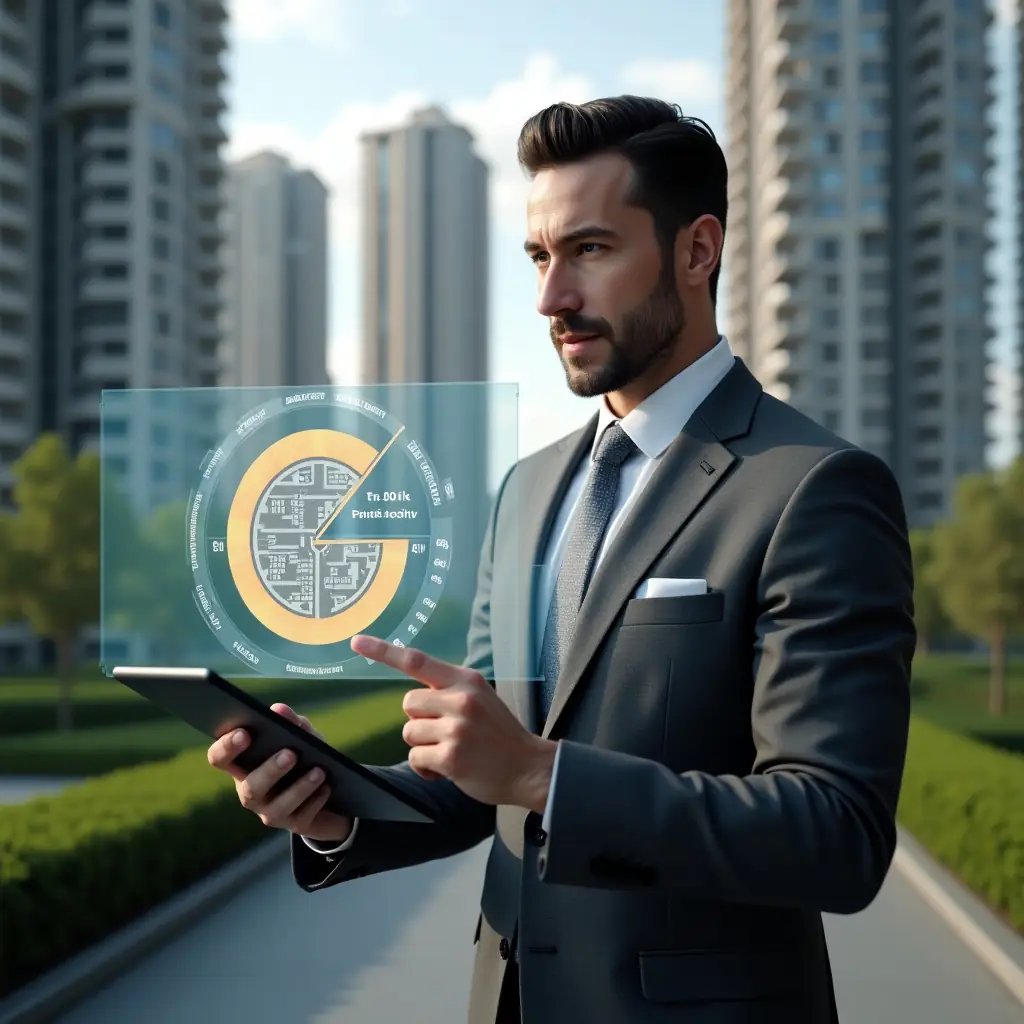 Ultra-realistic property manager in a charcoal gray suit, set in a modern luxury condominium environment with high-rise buildings and green landscaping, holding a tablet and pointing at a holographic 3D floor plan with highlighted fractional ownership percentages and a floating pie chart overlay, cinematic lighting, shallow depth of field, highly detailed textures, realistic skin, photographic realism, 8k resolution --ar 1:1 --v 6