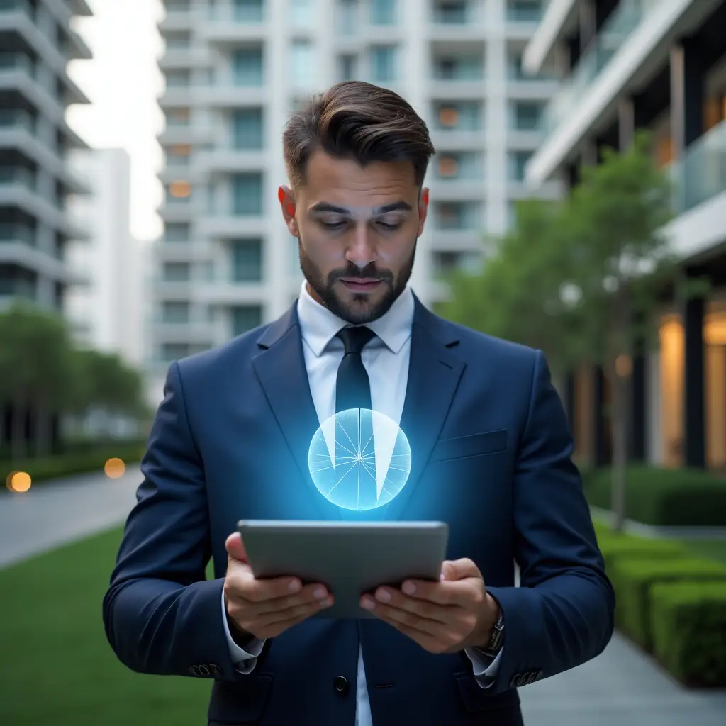 Ultra-realistic property manager in a navy blue suit, set in a modern luxury condominium environment with high-rise buildings and green landscaping, analyzing a holographic pie chart of ideal fractions hovering above a tablet, confident and thoughtful expression, cinematic lighting, shallow depth of field, highly detailed textures, realistic skin, photographic realism, 8k resolution --ar 1:1 --v 6