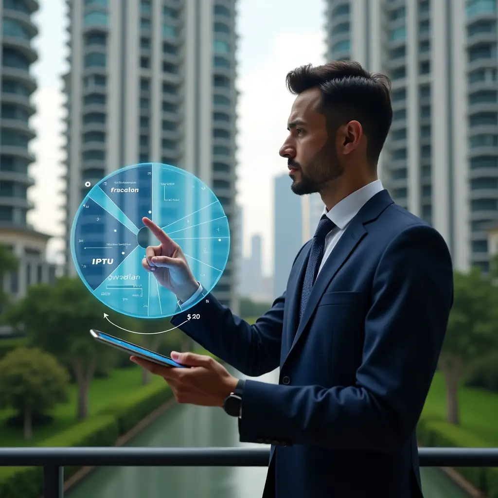 (Ultra-realistic condominium manager in a navy executive suit, set in a modern luxury condominium environment with high-rise buildings and manicured green landscaping, holding a digital tablet and pointing at a floating holographic pie chart illustrating ideal fractions and IPTU allocation, subtle holographic icons of currency and building overlays, cinematic lighting, shallow depth of field, highly detailed textures, realistic skin, photographic realism, 8k resolution --ar 1:1 --v 6)