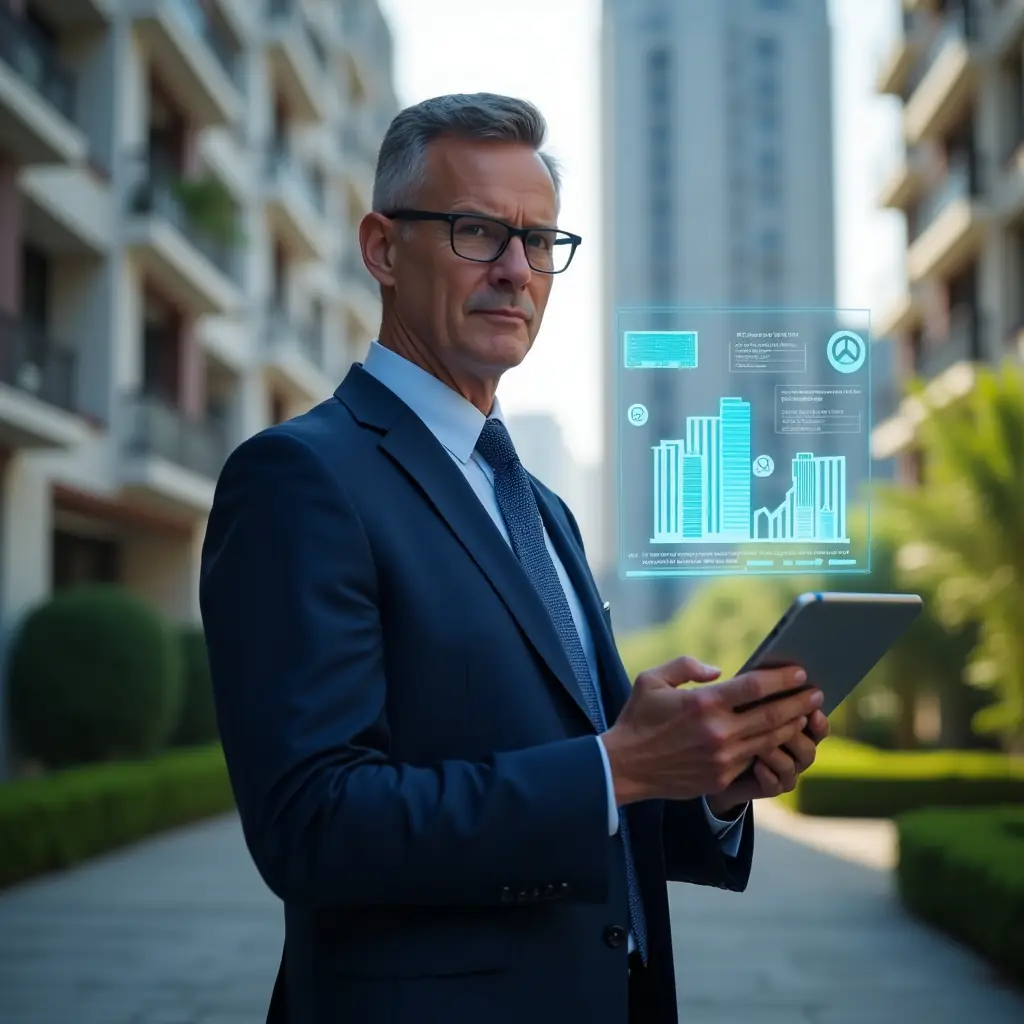 (Ultra-realistic condominium manager in a navy blue business suit, set in a modern luxury condominium environment with high-rise buildings and manicured gardens, medium shot with the manager holding a tablet and interacting with floating holographic charts, notifications, and building icons symbolizing a condominium management app, confident and focused expression, cinematic lighting, shallow depth of field, highly detailed textures, realistic skin, photographic realism, 8k resolution --ar 1:1 --v 6)