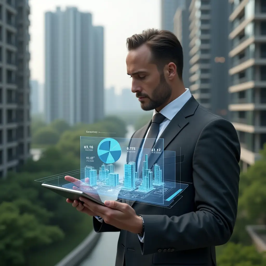 Ultra-realistic condominium manager in a charcoal gray executive suit, set in a modern luxury condominium environment with high-rise buildings and manicured green spaces, medium shot of a professional thoughtfully examining a holographic 3D pie chart overlaid on building floor plans, holding a tablet displaying digital fraction ideal calculations, cinematic lighting, shallow depth of field, highly detailed textures, realistic skin, photographic realism, 8k resolution --ar 1:1 --v 6