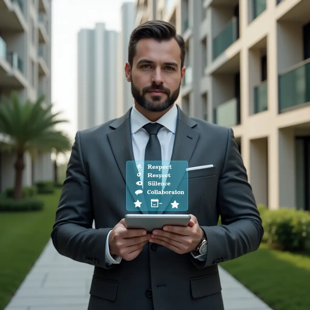 (Ultra-realistic condominium manager in a tailored charcoal grey suit, set in a modern luxury condominium environment with high-rise buildings and manicured green landscaping, standing confidently while holding a tablet displaying a holographic checklist of six golden rules, floating icons of a chat bubble, calendar and sound meter representing respect, silence and collaboration, cinematic lighting, shallow depth of field, highly detailed textures, realistic skin, photographic realism, 8k resolution --ar 1:1 --v 6)