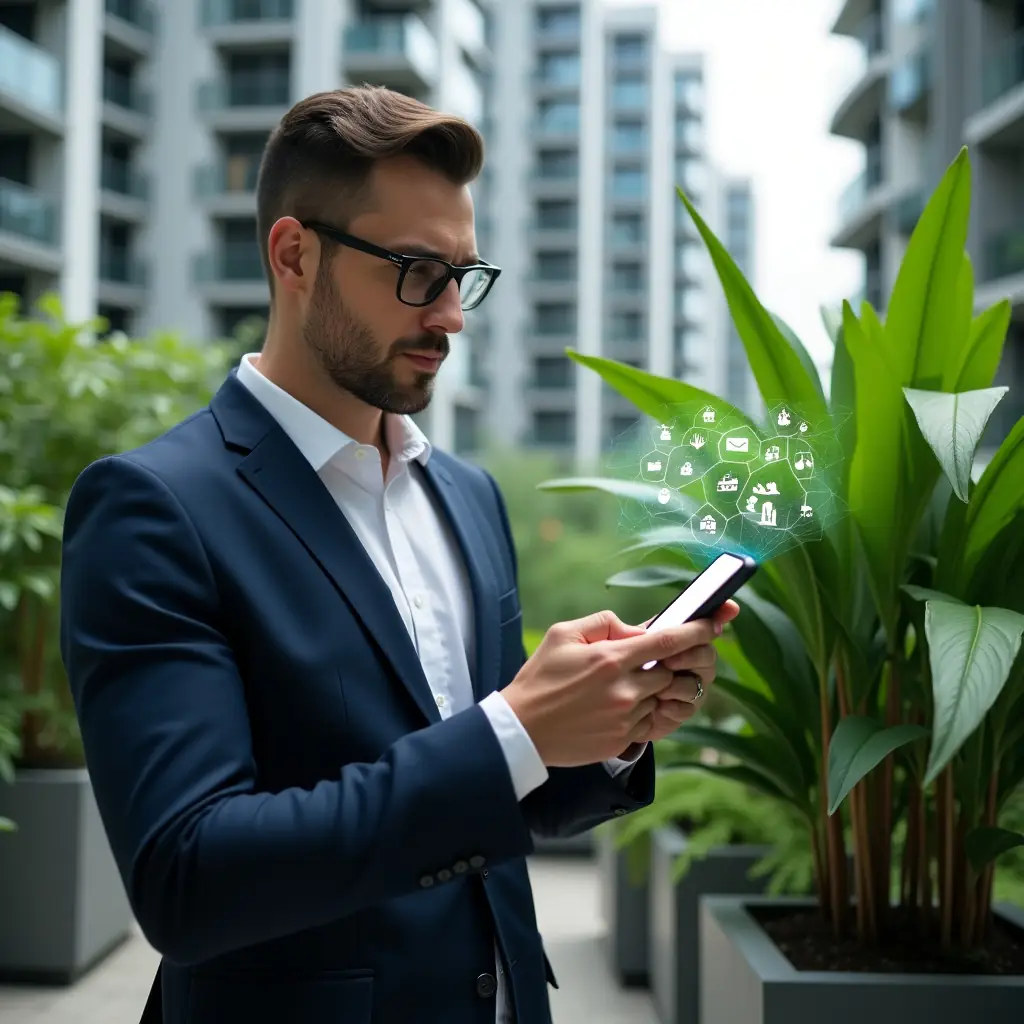 Ultra-realistic condominium manager in a tailored navy suit, set in a modern luxury condominium environment with high-rise buildings and well-manicured green landscaping, examining a lush potted plant while holding a smartphone displaying a garden management app interface, holographic leaf icons floating beside them, confident expression, cinematic lighting, shallow depth of field, highly detailed textures, realistic skin, photographic realism, 8k resolution --ar 1:1 --v 6