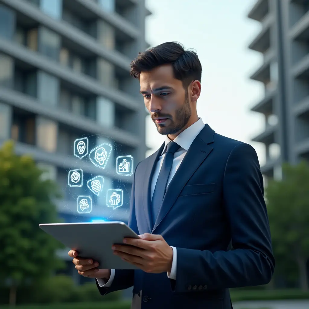 (Ultra-realistic condominium manager in a dark blue suit, set in a modern luxury condominium environment with high-rise buildings and lush green landscaping, holding a transparent tablet projecting holographic shattered myth icons symbolizing debunked misconceptions about management apps, confident and determined expression, cinematic lighting, shallow depth of field, highly detailed textures, realistic skin, photographic realism, 8k resolution --ar 1:1 --v 6)