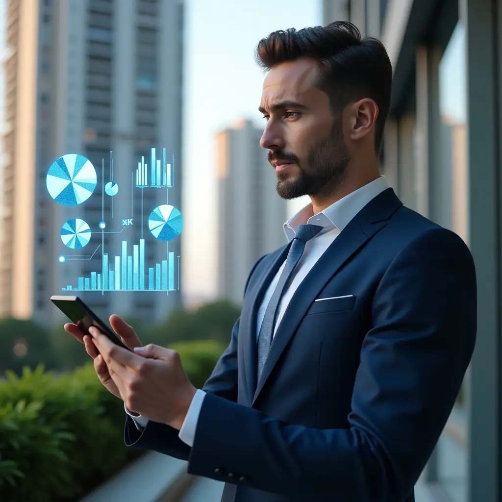 (Ultra-realistic condominium manager in a navy blue suit, set in a modern luxury condominium environment with high-rise buildings and green landscaping, reviewing financial reports on a tablet with holographic pie charts and bar graphs floating above, symbolizing transparent accounting, cinematic lighting, shallow depth of field, highly detailed textures, realistic skin, photographic realism, 8k resolution --ar 1:1 --v 6)