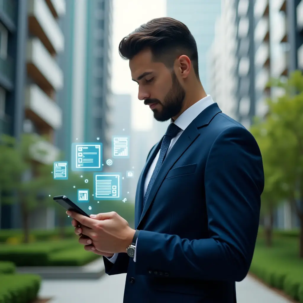 Ultra-realistic condominium manager in a tailored navy blue suit, set in a modern luxury condominium environment with high-rise buildings and lush green landscaping, holding a smartphone displaying floating holographic icons of communication, finance and maintenance schedules, analyzing data with a confident and thoughtful expression, cinematic lighting, shallow depth of field, highly detailed textures, realistic skin, photographic realism, 8k resolution --ar 1:1 --v 6