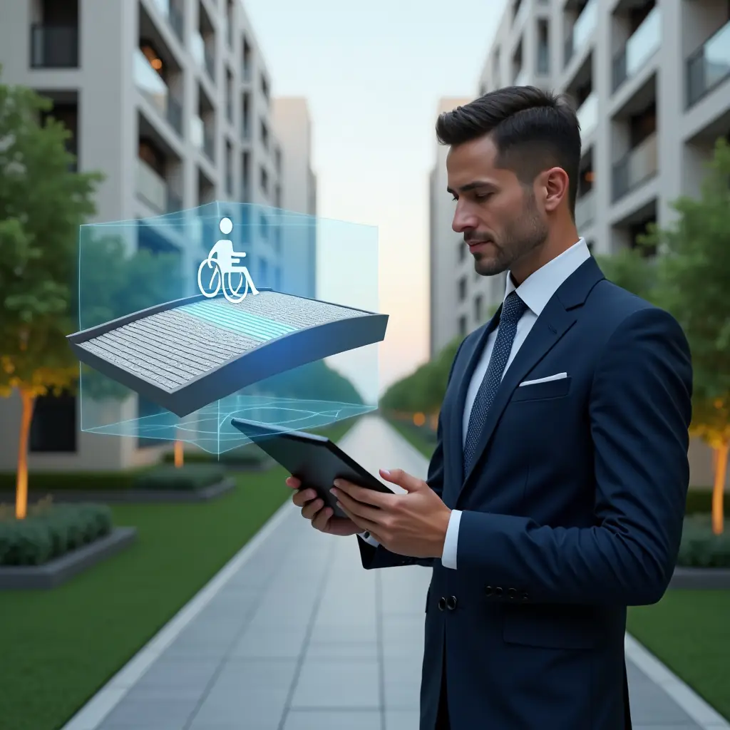 (Ultra-realistic condominium manager in a tailored navy suit, set in a modern luxury condominium environment with high-rise buildings and lush green landscaping, confidently examining a holographic 3D model of an accessible ramp and tactile paving, wheelchair symbol hologram floating beside a digital tablet, cinematic lighting, shallow depth of field, highly detailed textures, realistic skin, photographic realism, 8k resolution --ar 1:1 --v 6)