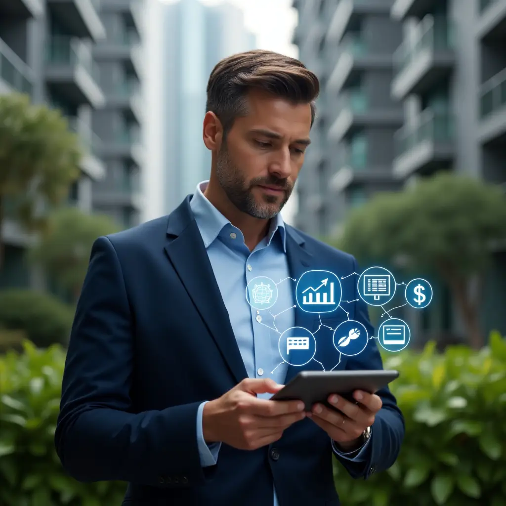 (Ultra-realistic professional condominium manager in a navy tailored suit, set in a modern luxury condominium environment with high-rise buildings and lush green landscaping, confidently analyzing a digital tablet with floating holographic icons of schedules, finances and communication, symbolizing an all-in-one condo management app, cinematic lighting, shallow depth of field, highly detailed textures, realistic skin, photographic realism, 8k resolution --ar 1:1 --v 6)