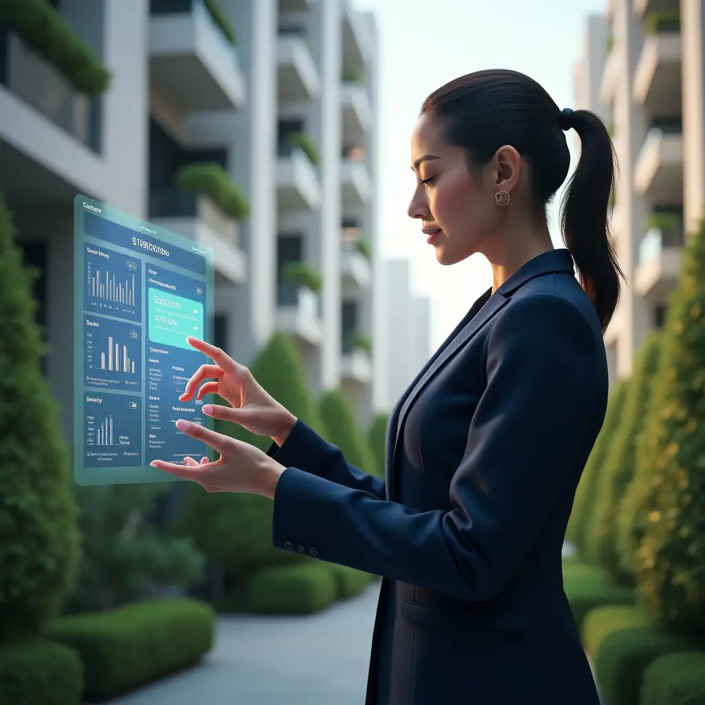 (Ultra-realistic condominium manager in a tailored navy suit, set in a modern luxury condominium environment with high-rise buildings and lush green landscaping, medium shot of a confident female manager tapping on a holographic condo management app dashboard displaying charts and icons, cinematic lighting, shallow depth of field, highly detailed textures, realistic skin, photographic realism, 8k resolution --ar 1:1 --v 6)