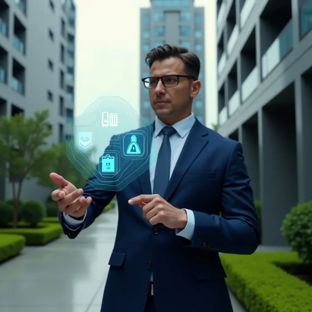Ultra-realistic condominium manager in a sharp navy-blue suit, medium shot, set in a modern luxury condominium environment with high-rise buildings and manicured green landscaping in the background, confidently interacting with a floating holographic interface displaying calendar, chat bubble and security shield icons, cinematic lighting, shallow depth of field, highly detailed textures, realistic skin, photographic realism, 8k resolution --ar 1:1 --v 6