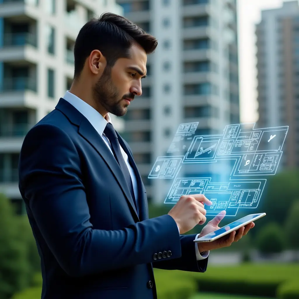 Ultra-realistic condominium manager in a navy blue executive suit, set in a modern luxury condominium environment with high-rise buildings and lush green landscaping, medium shot of a confident professional reviewing a digital budget on a tablet, pointing at a holographic renovation plan with floating checkmark icons and blueprint overlays, cinematic lighting, shallow depth of field, highly detailed textures, realistic skin, photographic realism, 8k resolution --ar 1:1 --v 6
