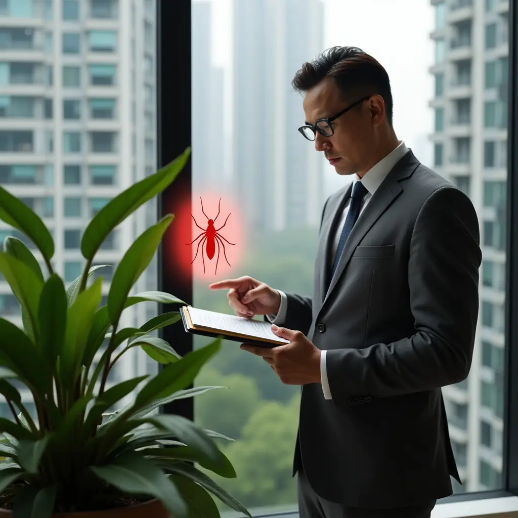 Ultra-realistic condominium manager in a charcoal gray business suit, set in a modern luxury condominium environment with high-rise buildings and lush green landscaping, inspecting a potted plant with a clipboard while pointing at a small water-collecting tray, holding a digital tablet projecting a holographic red mosquito icon (Aedes aegypti), confident and determined expression, cinematic lighting, shallow depth of field, highly detailed textures, realistic skin, photographic realism, 8k resolution --ar 1:1 --v 6