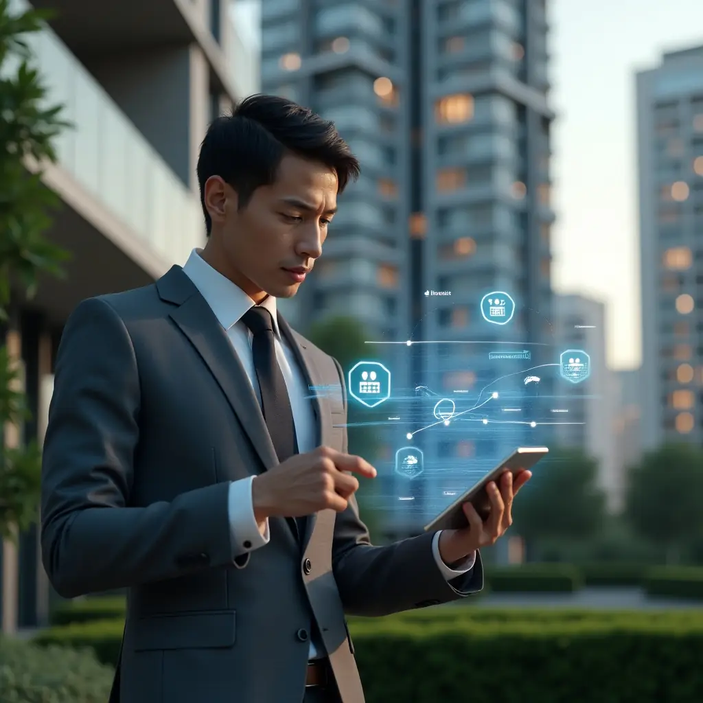Ultra-realistic condominium manager in a charcoal gray suit, set in a modern luxury condominium environment with high-rise glass buildings and manicured green landscaping, reviewing a holographic schedule timeline projected above a sleek tablet, iconography of tasks and deadlines floating around, focused and confident expression, cinematic lighting, shallow depth of field, highly detailed textures, realistic skin, photographic realism, 8k resolution --ar 1:1 --v 6