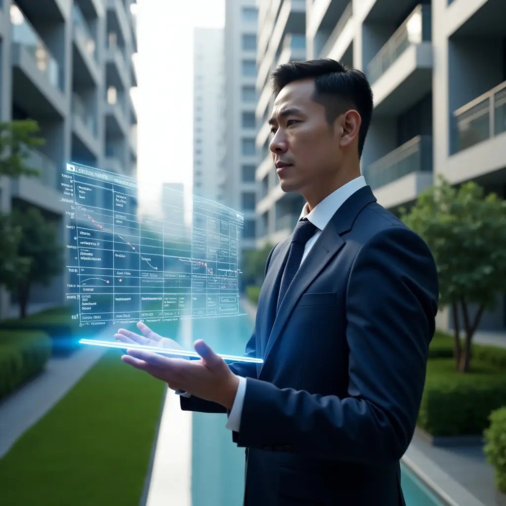 Ultra-realistic condominium property manager in a navy tailored suit, set in a modern luxury condominium environment with high-rise buildings and manicured green landscaping, medium shot of the manager confidently interacting with a floating holographic schedule and Gantt chart displaying construction tasks and deadlines, cinematic lighting, shallow depth of field, highly detailed textures, realistic skin, photographic realism, 8k resolution --ar 1:1 --v 6