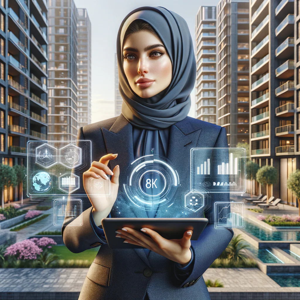 Ultra-realistic condominium manager in a dark blue tailored suit, set in a modern luxury condominium environment with high-rise buildings and lush green landscaping, medium shot of a confident professional holding a tablet and gesturing towards floating holographic icons of financial charts, message bubbles and task lists, cinematic lighting, shallow depth of field, highly detailed textures, realistic skin, photographic realism, 8k resolution --ar 1:1 --v 6
