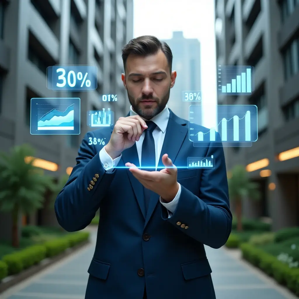 (Ultra-realistic condo manager in a tailored navy blue suit, set in a modern luxury condominium environment with high-rise buildings and manicured green landscaping, thoughtfully analyzing holographic financial dashboards displaying cost reduction graphs and floating currency icons symbolizing 30% savings, cinematic lighting, shallow depth of field, highly detailed textures, realistic skin, photographic realism, 8k resolution --ar 1:1 --v 6)