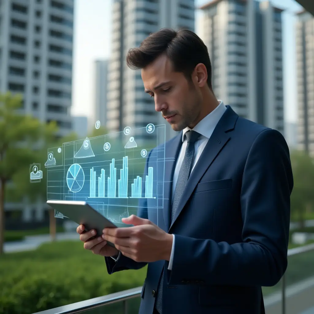 Ultra-realistic condominium manager in a tailored navy blue suit, set in a modern luxury condominium environment with high-rise buildings and lush green landscaping, holding a digital tablet displaying a holographic pie chart and bar graphs, analyzing financial data with a confident and thoughtful expression, holographic icons of coins and saving symbols floating around, cinematic lighting, shallow depth of field, highly detailed textures, realistic skin, photographic realism, 8k resolution --ar 1:1 --v 6