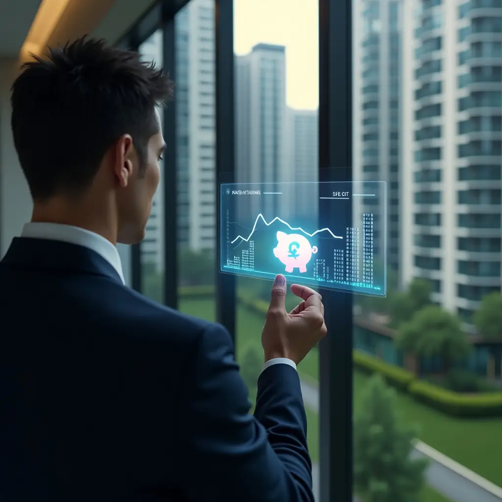 (Ultra-realistic condominium manager in a dark navy suit, set in a modern luxury condominium environment with high-rise buildings and green landscaping, close-up of him thoughtfully analyzing a holographic financial graph and digital piggy bank icon representing a reserve fund, cinematic lighting, shallow depth of field, highly detailed textures, realistic skin, photographic realism, 8k resolution --ar 1:1 --v 6)
