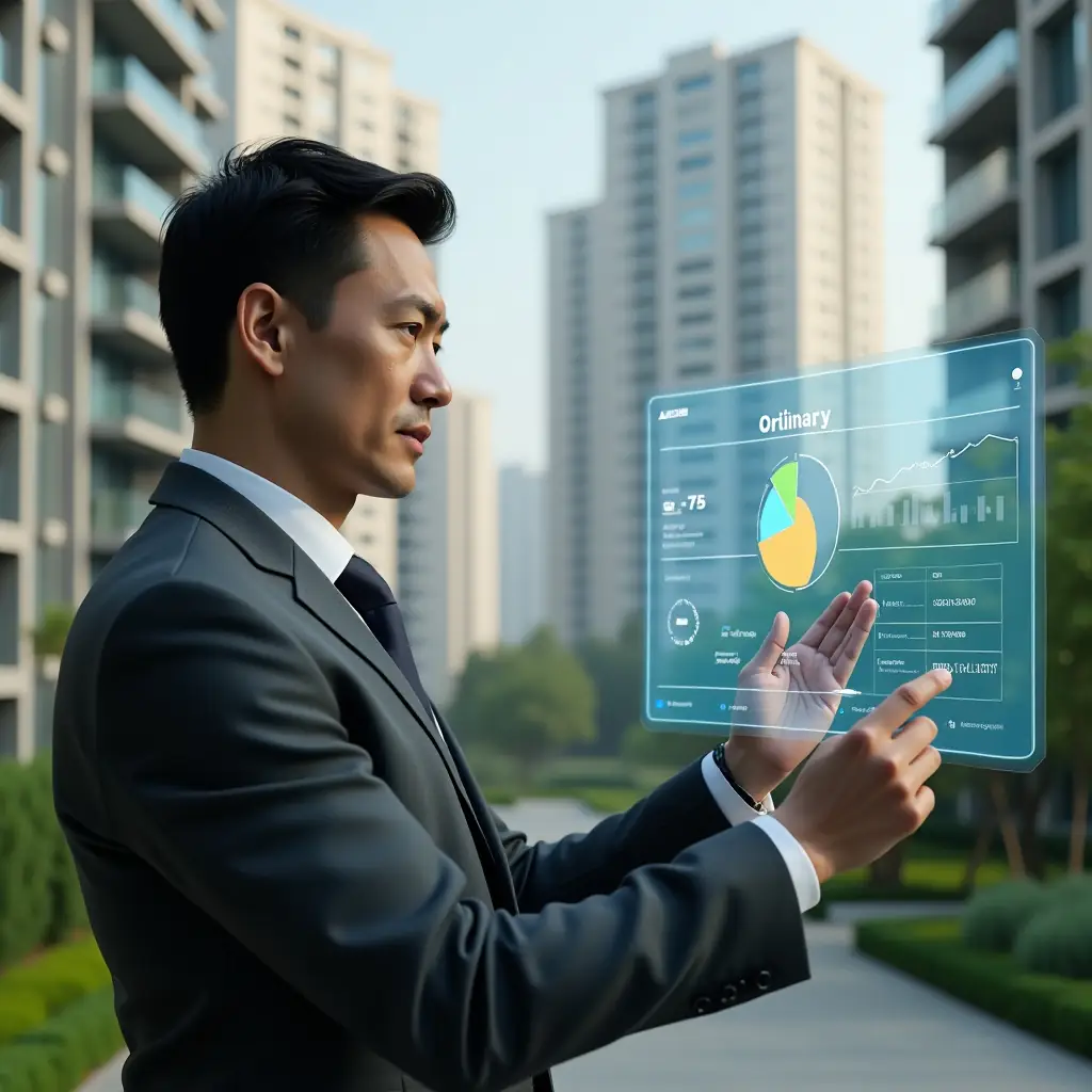 (Ultra-realistic condominium property manager in a tailored charcoal gray suit, set in a modern luxury condominium environment with high-rise buildings and manicured green landscaping, medium shot of the manager thoughtfully analyzing a translucent holographic dashboard displaying pie charts and document icons labeled “Ordinary” and “Extraordinary” expenses, confident expression, cinematic lighting, shallow depth of field, highly detailed textures, realistic skin, photographic realism, 8k resolution --ar 1:1 --v 6)