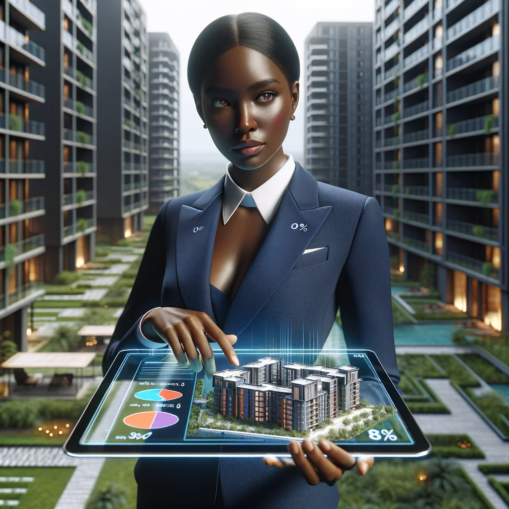 (Ultra-realistic condominium manager in a navy blue tailored suit, set in a modern luxury condominium environment with high-rise buildings and manicured green landscaping, holding a transparent tablet projecting a holographic floor plan with colored percentage tags illustrating the ideal fraction of each unit, confidently analyzing and pointing at the percentages, cinematic lighting, shallow depth of field, highly detailed textures, realistic skin, photographic realism, 8k resolution --ar 1:1 --v 6)