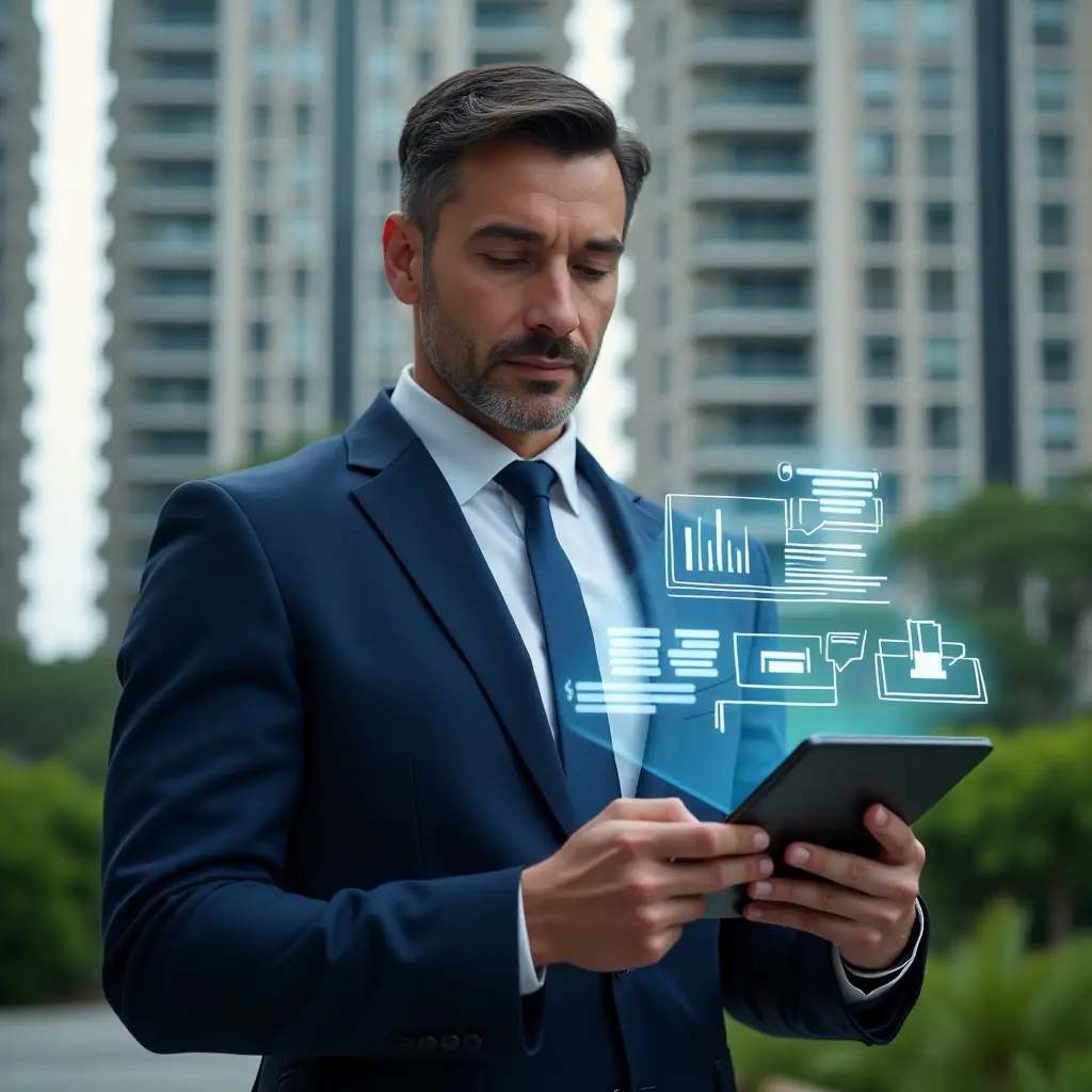 (Ultra-realistic condominium manager in a dark blue tailored suit, set in a modern luxury condominium environment with high-rise buildings and lush green landscaping, medium shot focusing on the manager, holding a tablet that projects holographic icons of financial charts, chat bubbles and maintenance tools, expression calm and confident, cinematic lighting, shallow depth of field, highly detailed textures, realistic skin, photographic realism, 8k resolution --ar 1:1 --v 6)