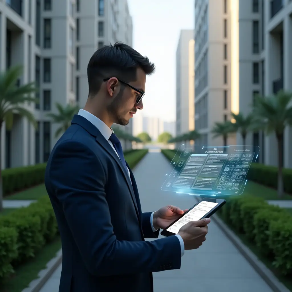 (Ultra-realistic condominium manager in a navy blue executive suit, set in a modern luxury condominium environment with high-rise buildings and manicured green landscaping, confidently examining a tablet displaying a preventive maintenance schedule, surrounded by holographic gear and checklist icons, cinematic lighting, photographic realism, shallow depth of field, highly detailed textures, realistic skin, 8k resolution --ar 1:1 --v 6)
