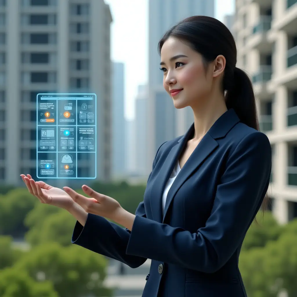 (Ultra-realistic female condominium manager in a navy blue tailored suit, set in a modern luxury condominium environment with high-rise buildings and lush green landscaping, medium shot of her confidently interacting with a floating holographic calendar displaying tasks, check marks and clock icons—symbolizing efficient scheduling and streamlined processes—cinematic lighting, shallow depth of field, highly detailed textures, realistic skin, photographic realism, 8k resolution --ar 1:1 --v 6)