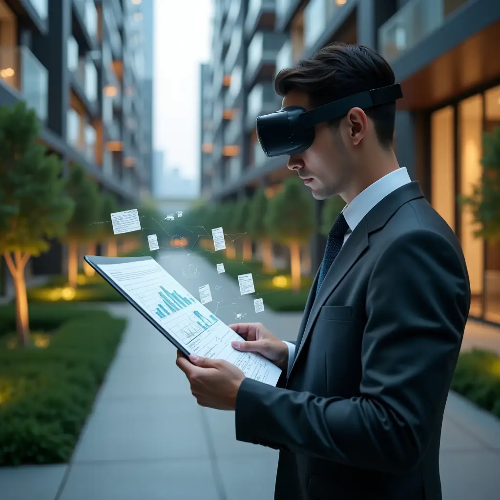 Ultra-realistic condominium manager in a sleek charcoal suit, set in a modern luxury condominium environment with high-rise buildings and pristine green landscaping, carefully examining a holographic financial spreadsheet projected in front of them, floating icons of documents and bar graphs representing transparent accounting, cinematic lighting, shallow depth of field, highly detailed textures, realistic skin, photographic realism, 8k resolution --ar 1:1 --v 6