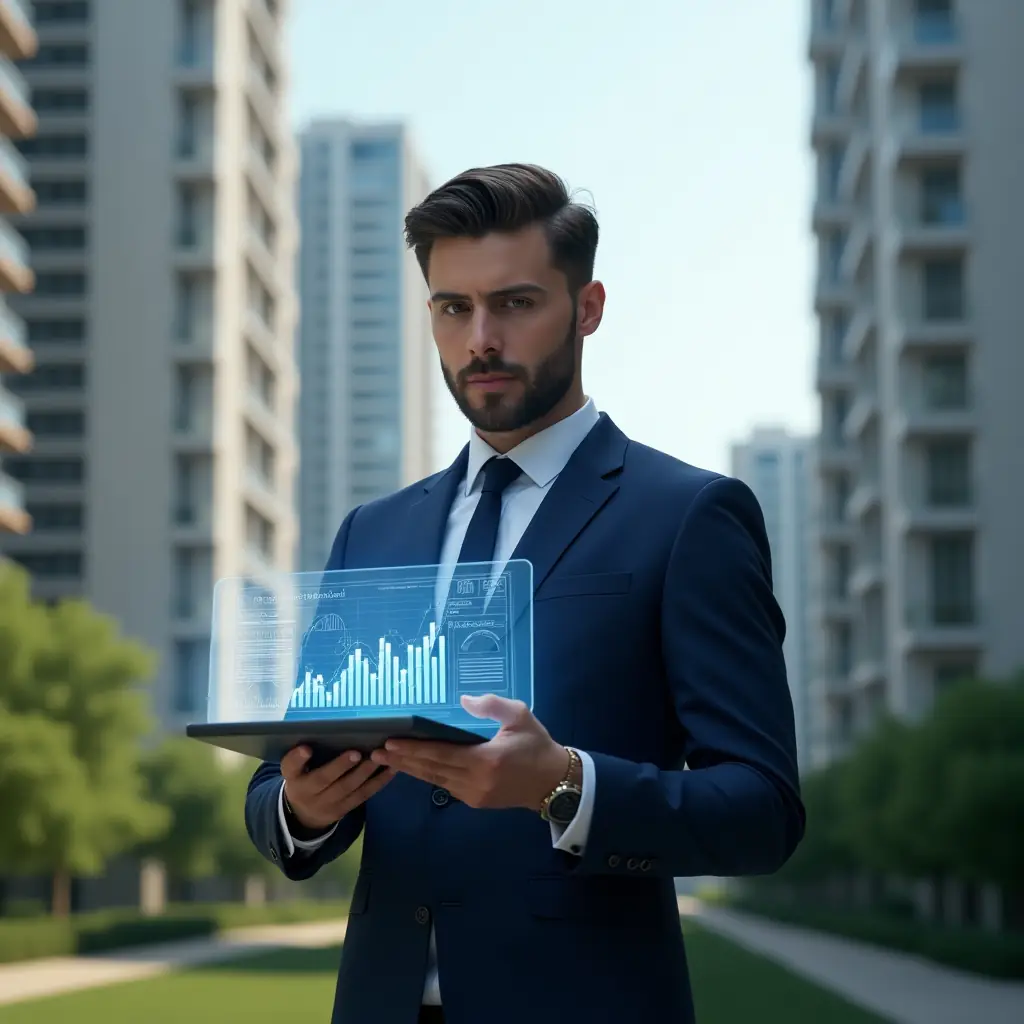 (Ultra-realistic condominium manager in a navy blue executive suit, set in a modern luxury condominium environment with high-rise buildings and lush green landscaping, standing confidently while reviewing a digital tablet projecting holographic financial charts and transparent graphs symbolizing trust and transparency, cinematic lighting, shallow depth of field, highly detailed textures, realistic skin, photographic realism, 8k resolution --ar 1:1 --v 6)