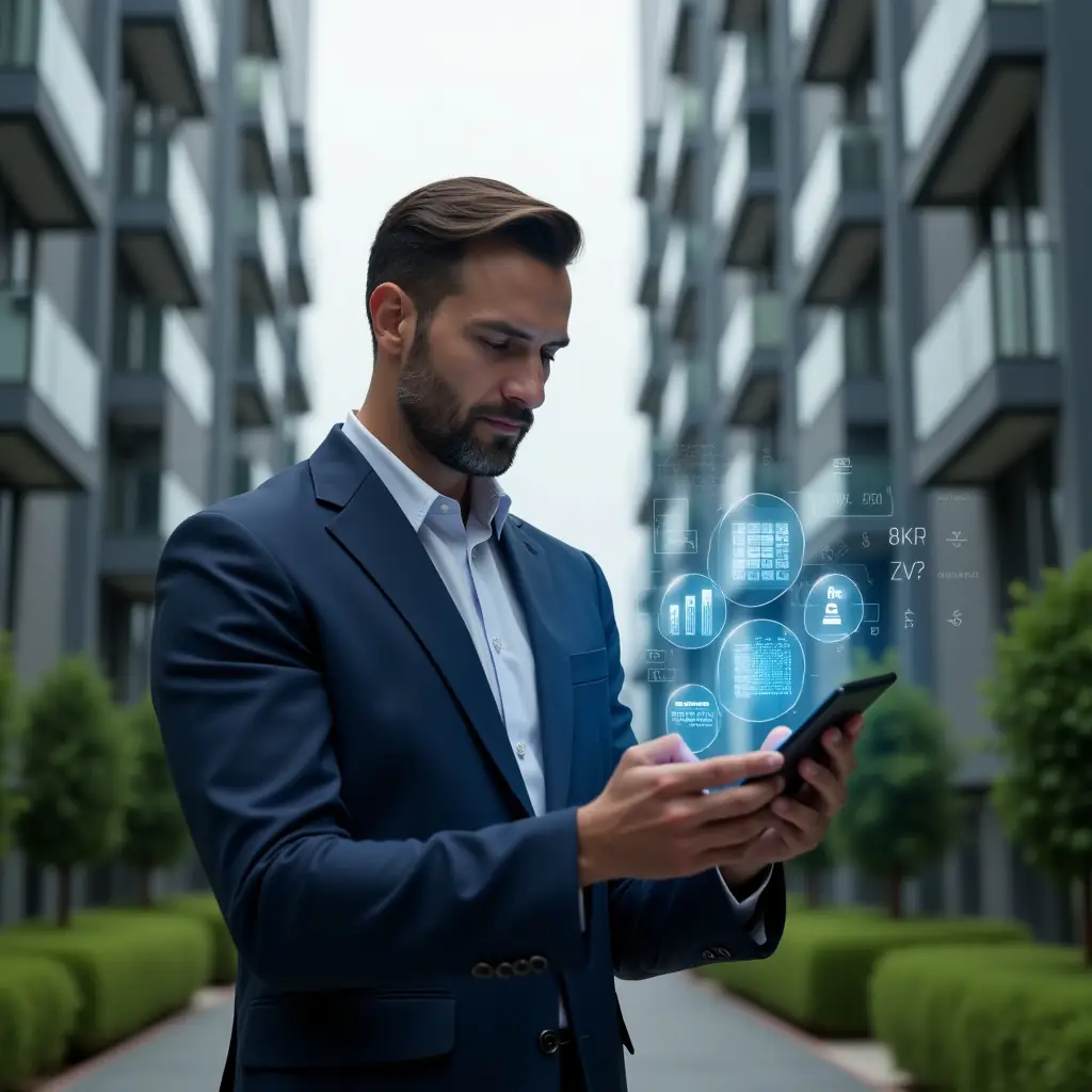 (Ultra-realistic condominium manager in a navy blue suit, set in a modern luxury condominium environment with high-rise buildings and manicured green landscaping, inspecting a tablet displaying floating holographic icons of a condominium management app—financial charts, calendar and notifications—thoughtful and confident expression, cinematic lighting, shallow depth of field, highly detailed textures, realistic skin, photographic realism, 8k resolution --ar 1:1 --v 6)