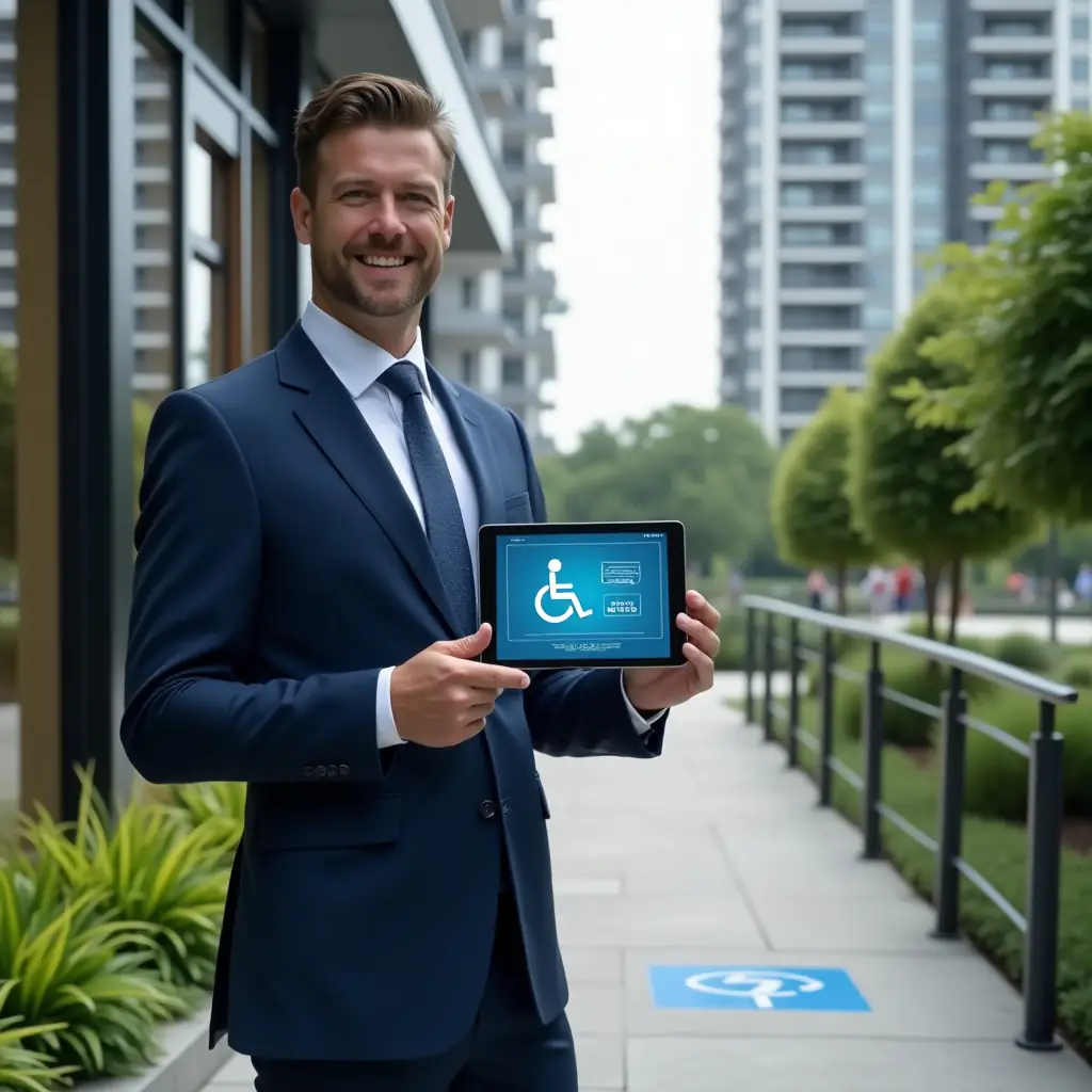 Ultra-realistic condo manager in a navy blue tailored suit, set in a modern luxury condominium environment with high-rise buildings and lush green landscaping, holding a tablet displaying a holographic wheelchair icon and ramp blueprint, pointing confidently at an accessible ramp with tactile paving and braille signage, inclusive and inspiring mood, cinematic lighting, shallow depth of field, highly detailed textures, realistic skin, photographic realism, 8k resolution --ar 1:1 --v 6