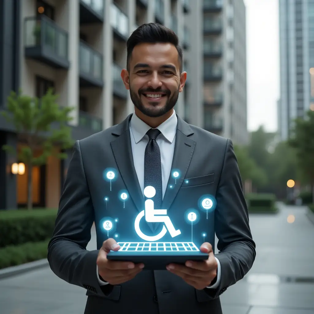 (Ultra-realistic condominium manager mid-shot in a charcoal grey tailored suit, set in a modern luxury condominium environment with high-rise buildings and manicured greenery, holding a digital tablet projecting a holographic wheelchair ramp design and floating accessibility icons, expression confident and welcoming, cinematic lighting, shallow depth of field, highly detailed textures, realistic skin, photographic realism, 8k resolution --ar 1:1 --v 6)