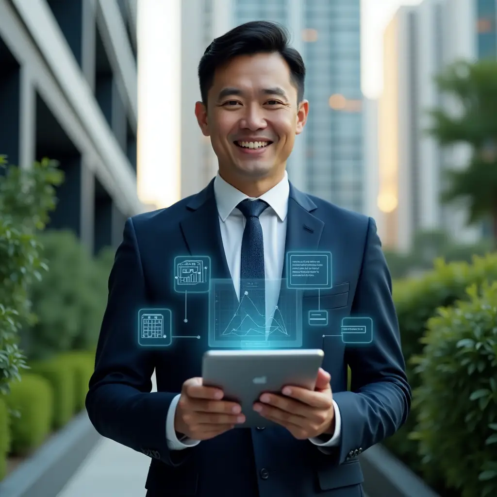 (Ultra-realistic condominium manager in a tailored navy business suit, mid-shot, set in a modern luxury condominium environment with high-rise buildings and lush green landscaping, holding a sleek tablet displaying an intuitive condominium management app interface, surrounded by subtle holographic icons of reservation calendars, financial charts and chat notifications, confident expression, cinematic lighting, shallow depth of field, highly detailed textures, realistic skin, photographic realism, 8k resolution --ar 1:1 --v 6)