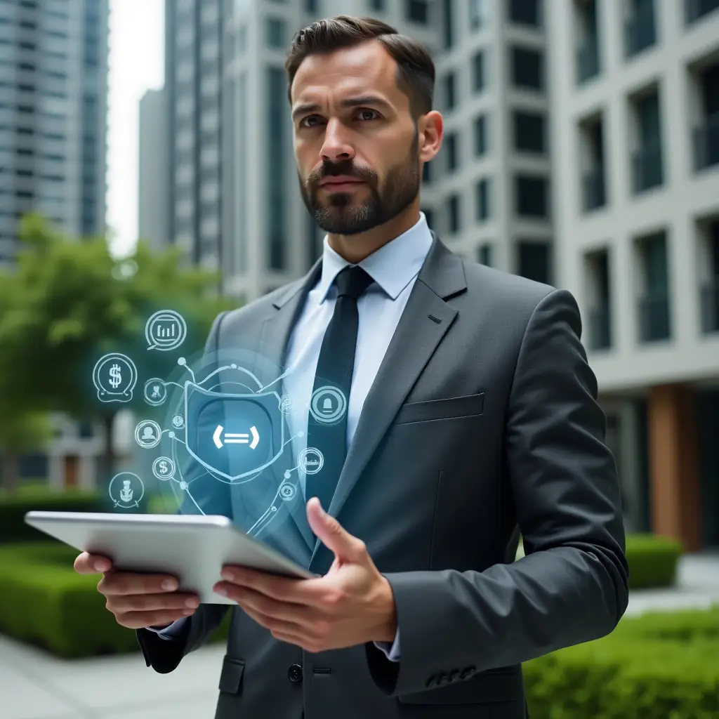 (Ultra-realistic condominium manager in a sleek charcoal gray suit, set in a modern luxury condominium environment with high-rise buildings and manicured green landscaping, medium shot holding a tablet displaying a holographic management app interface, confident and focused expression, floating icons of chat bubbles, financial charts and a security shield around the device, cinematic lighting, shallow depth of field, highly detailed textures, realistic skin, photographic realism, 8k resolution --ar 1:1 --v 6)