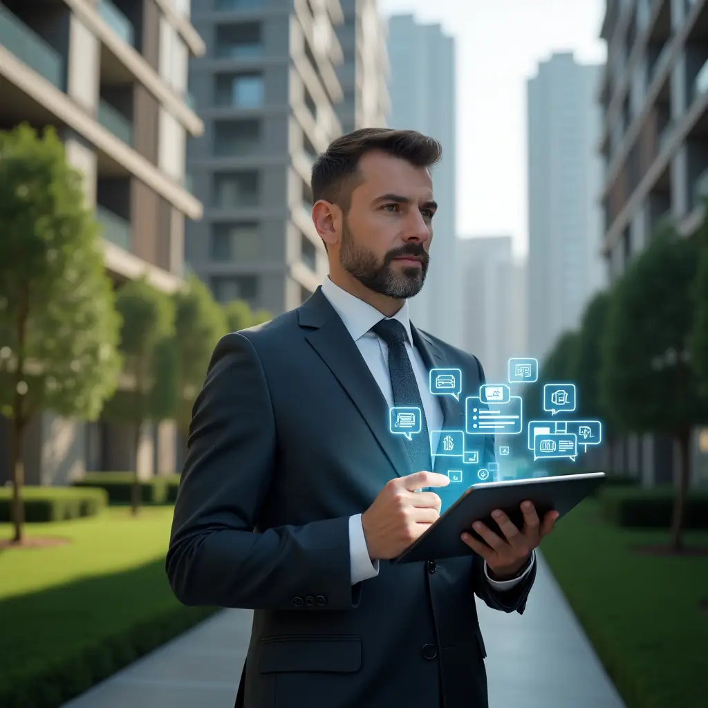 (Ultra-realistic property manager in a dark grey suit, set in a modern luxury condominium environment with high-rise buildings and lush green landscaping, holding a tablet displaying a holographic condominium management dashboard with floating icons of tasks, payments, and chat communication, confident and focused expression, cinematic lighting, shallow depth of field, highly detailed textures, realistic skin, photographic realism, 8k resolution --ar 1:1 --v 6)