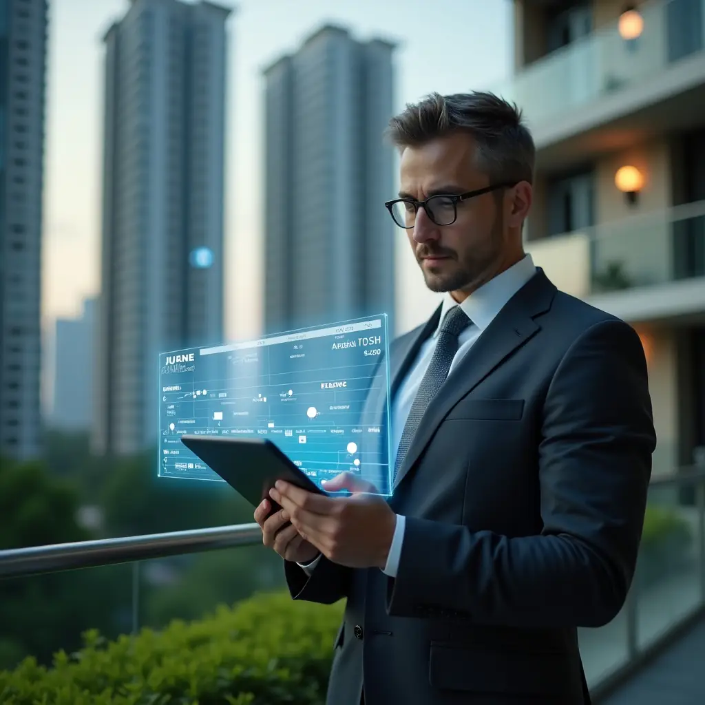 Ultra-realistic condominium manager in a dark gray executive suit, medium close-up shot focusing on the manager, set in a modern luxury condominium environment with high-rise buildings and lush green landscaping softly blurred in the background, confidently reviewing a holographic activity timeline projected from a tablet, holographic calendar and task icons floating around, cinematic lighting, shallow depth of field, highly detailed textures, realistic skin, photographic realism, 8k resolution --ar 1:1 --v 6