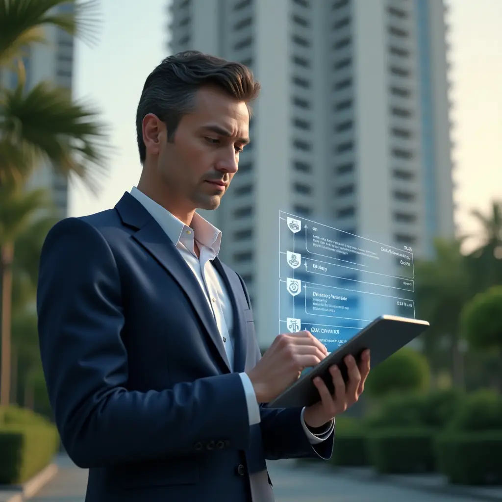 (Ultra-realistic condominium property manager in a tailored navy suit, medium shot in a modern luxury condominium environment with high-rise buildings and lush green landscaping, reviewing a digital tablet projecting a holographic activity schedule with timeline icons, focused and confident expression, cinematic lighting, shallow depth of field, highly detailed textures, realistic skin, photographic realism, 8k resolution --ar 1:1 --v 6)