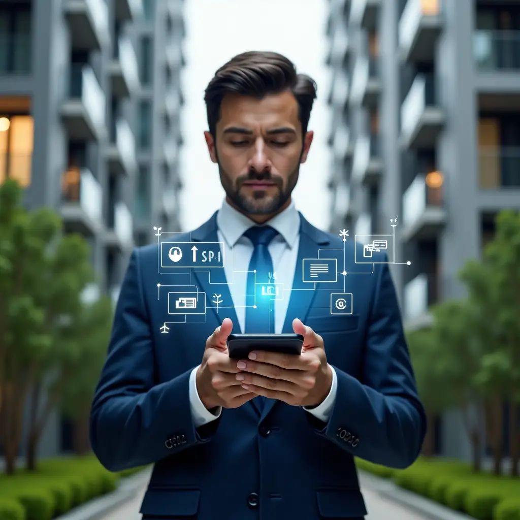 Ultra-realistic condominium manager in a navy blue suit, set in a modern luxury condominium environment with high-rise buildings and manicured green landscaping, interacting with a floating holographic mobile app interface displaying communication icons, financial charts and security alerts, confident and focused expression, cinematic lighting, shallow depth of field, highly detailed textures, realistic skin, photographic realism, 8k resolution --ar 1:1 --v 6