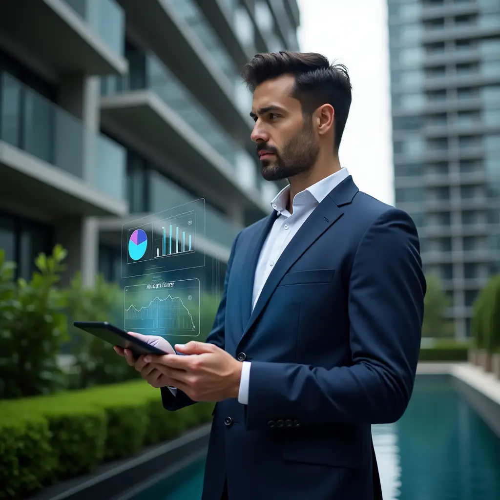 Ultra-realistic condominium manager in a navy blue suit, set in a modern luxury condominium environment with high-rise buildings and well-kept green landscaping, holding a digital tablet displaying floating holographic pie charts and graphs comparing ordinary and extraordinary expenses, analyzing financial data with a thoughtful, confident expression, cinematic lighting, shallow depth of field, highly detailed textures, realistic skin, photographic realism, 8k resolution --ar 1:1 --v 6