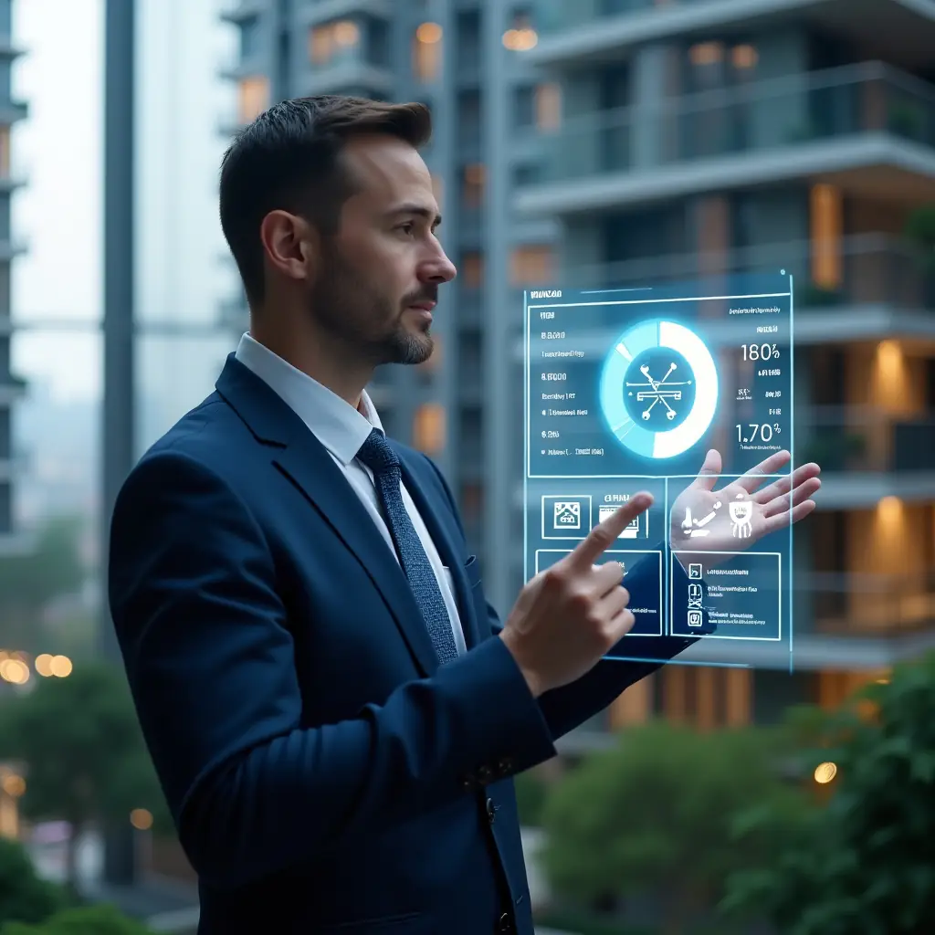 Ultra-realistic condo manager in a navy blue suit, set in a modern luxury condominium environment with high-rise buildings and green landscaping, analyzing holographic financial charts split between ordinary and extraordinary expenses, confidently pointing at a glowing pie chart with icons of routine maintenance tools and emergency repair symbols, cinematic lighting, shallow depth of field, highly detailed textures, realistic skin, photographic realism, 8k resolution --ar 1:1 --v 6