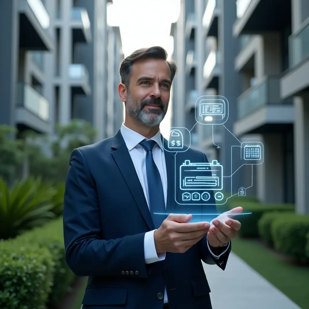 (Ultra-realistic professional property manager in a navy blue business suit, set in a modern luxury condominium environment with high-rise buildings and lush green landscaping, medium shot with the manager confidently interacting with a transparent holographic interface displaying icons for finance charts, communication alerts, reservation calendars and security locks, floating app feature symbols around them, cinematic lighting, shallow depth of field, highly detailed textures, realistic skin, photographic realism, 8k resolution --ar 1:1 --v 6)