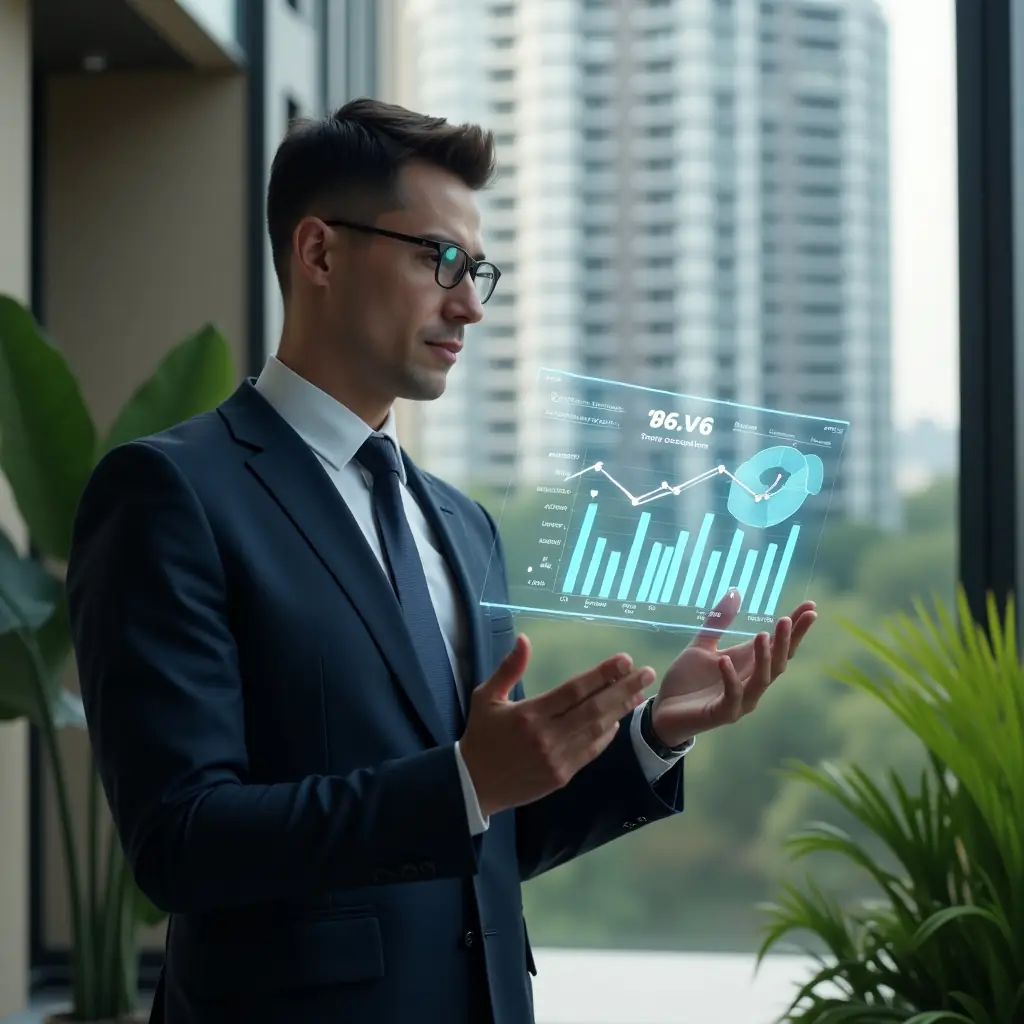 Ultra-realistic condominium manager in a dark navy suit, medium shot, set in a modern luxury condominium environment with high-rise buildings and lush green landscaping, analyzing a floating holographic financial report with transparent charts and trust icons, confident and thoughtful expression, cinematic lighting, shallow depth of field, highly detailed textures, realistic skin, photographic realism, 8k resolution --ar 1:1 --v 6