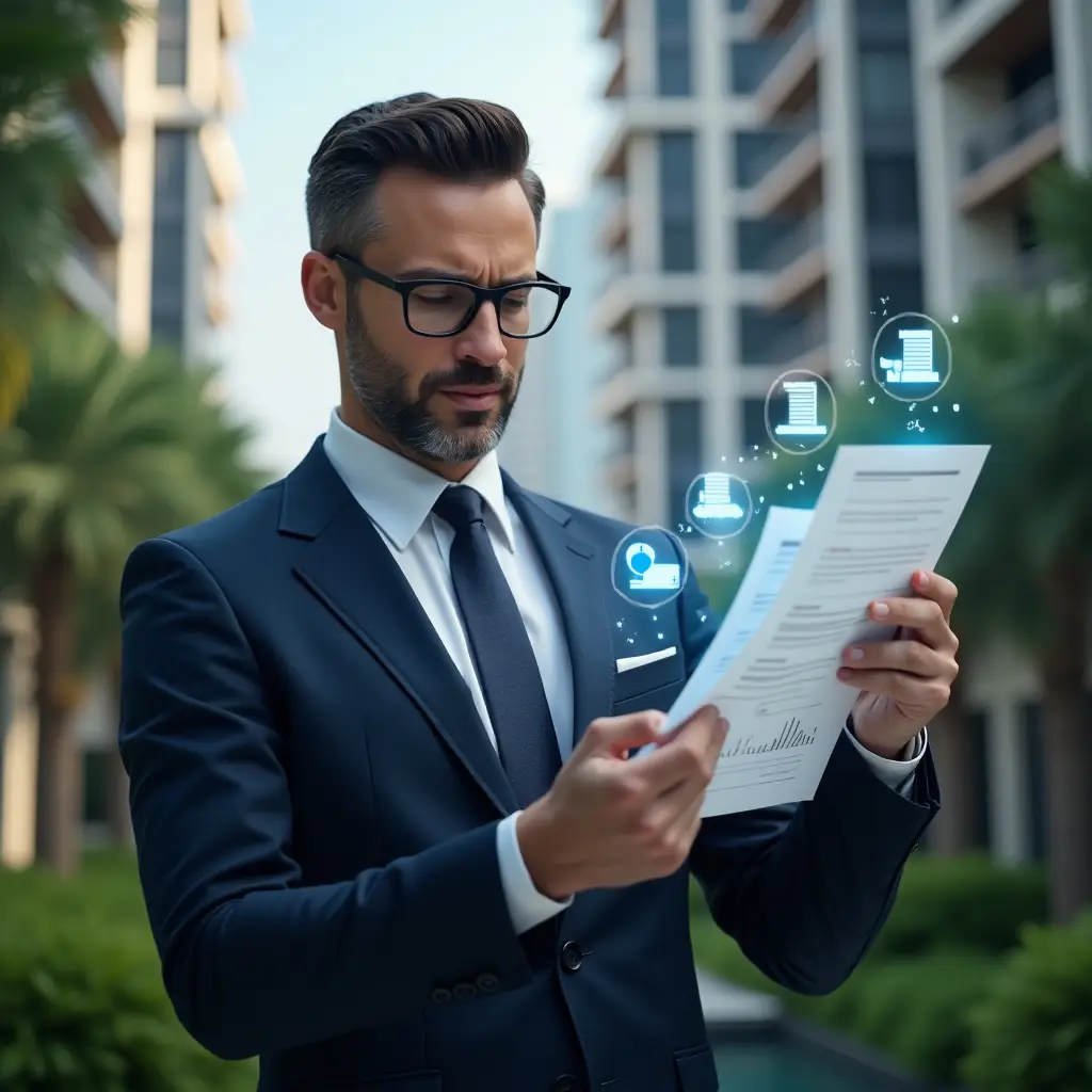 (Ultra-realistic condominium manager in a navy suit, set in a modern luxury condominium environment with high-rise buildings and green landscaping, reviewing holographic financial reports with floating receipts and pie chart icons, focused and confident expression, cinematic lighting, shallow depth of field, highly detailed textures, realistic skin, photographic realism, 8k resolution --ar 1:1 --v 6)
