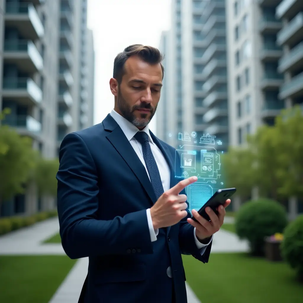 (Ultra-realistic condominium manager in a navy executive suit, set in a modern luxury condominium environment with high-rise buildings and manicured green landscaping, confidently pointing at a holographic smartphone interface showing condo management app icons and workflow charts, subtle floating digital symbols of communication and automation, cinematic lighting, shallow depth of field, highly detailed textures, realistic skin, photographic realism, 8k resolution --ar 1:1 --v 6)