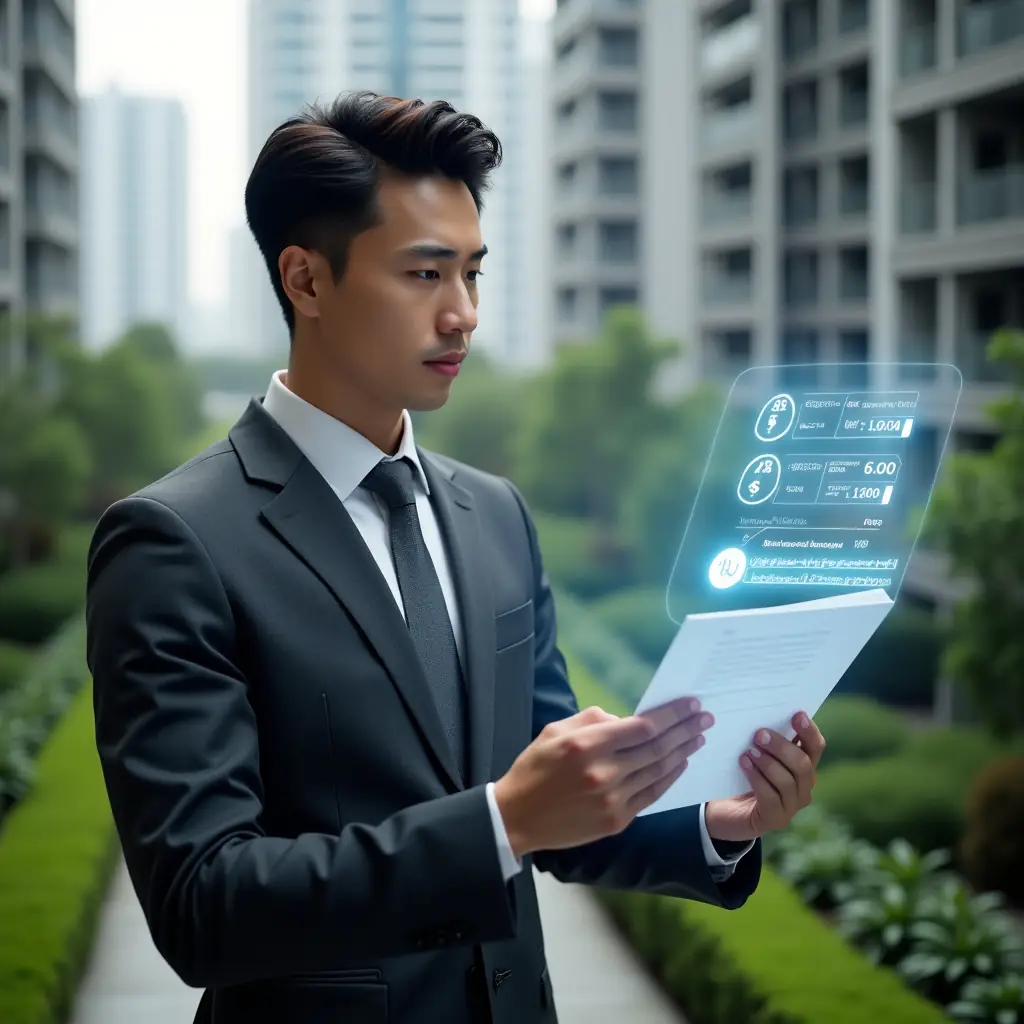 (Ultra-realistic condominium manager in a tailored dark gray suit, set in a modern luxury condominium environment with high-rise buildings and manicured green landscaping, examining a floating holographic financial report with highlighted error icons, confident and focused expression, cinematic lighting, shallow depth of field, highly detailed textures, realistic skin, photographic realism, 8k resolution --ar 1:1 --v 6)