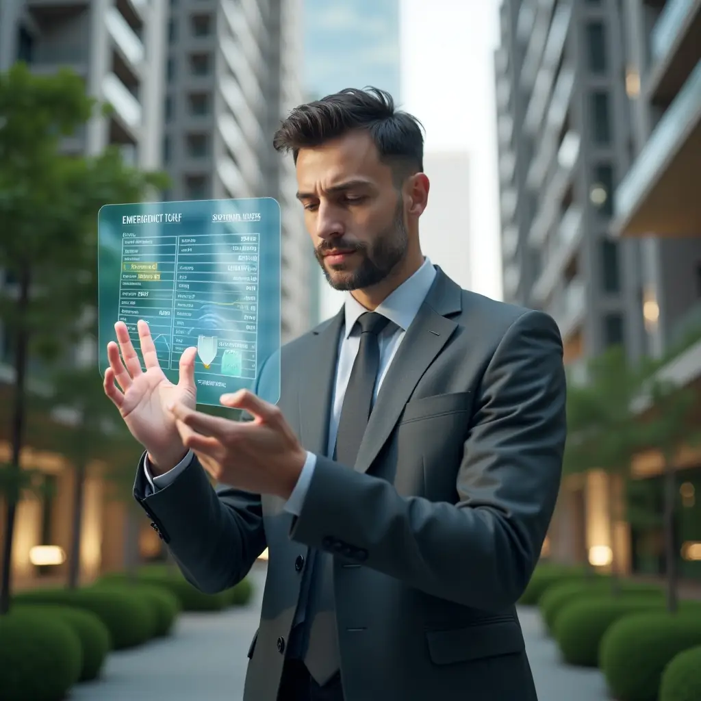 (Ultra-realistic property manager in a charcoal grey suit, set in a modern luxury condominium environment with high-rise buildings and manicured green landscaping, analyzing holographic budget charts for emergency expenses with a confident, thoughtful expression, floating icons of coins and shield representing cost savings, cinematic lighting, shallow depth of field, highly detailed textures, realistic skin, photographic realism, 8k resolution --ar 1:1 --v 6)