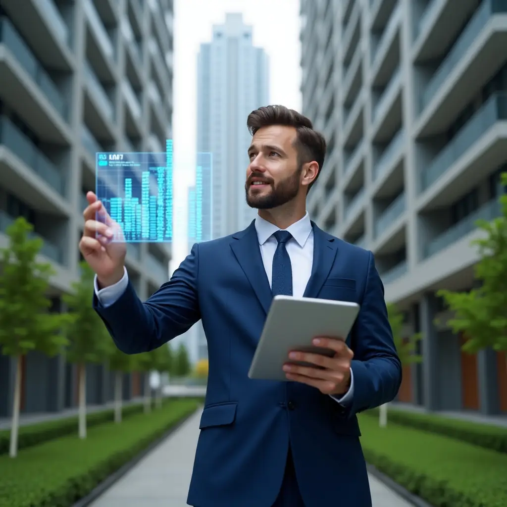 (Ultra-realistic condo manager in a navy blue executive suit, set in a modern luxury condominium environment with high-rise buildings and green landscaping, holding a digital tablet and pointing at floating holographic financial charts, confident and focused expression, cinematic lighting, shallow depth of field, highly detailed textures, realistic skin, photographic realism, 8k resolution --ar 1:1 --v 6)
